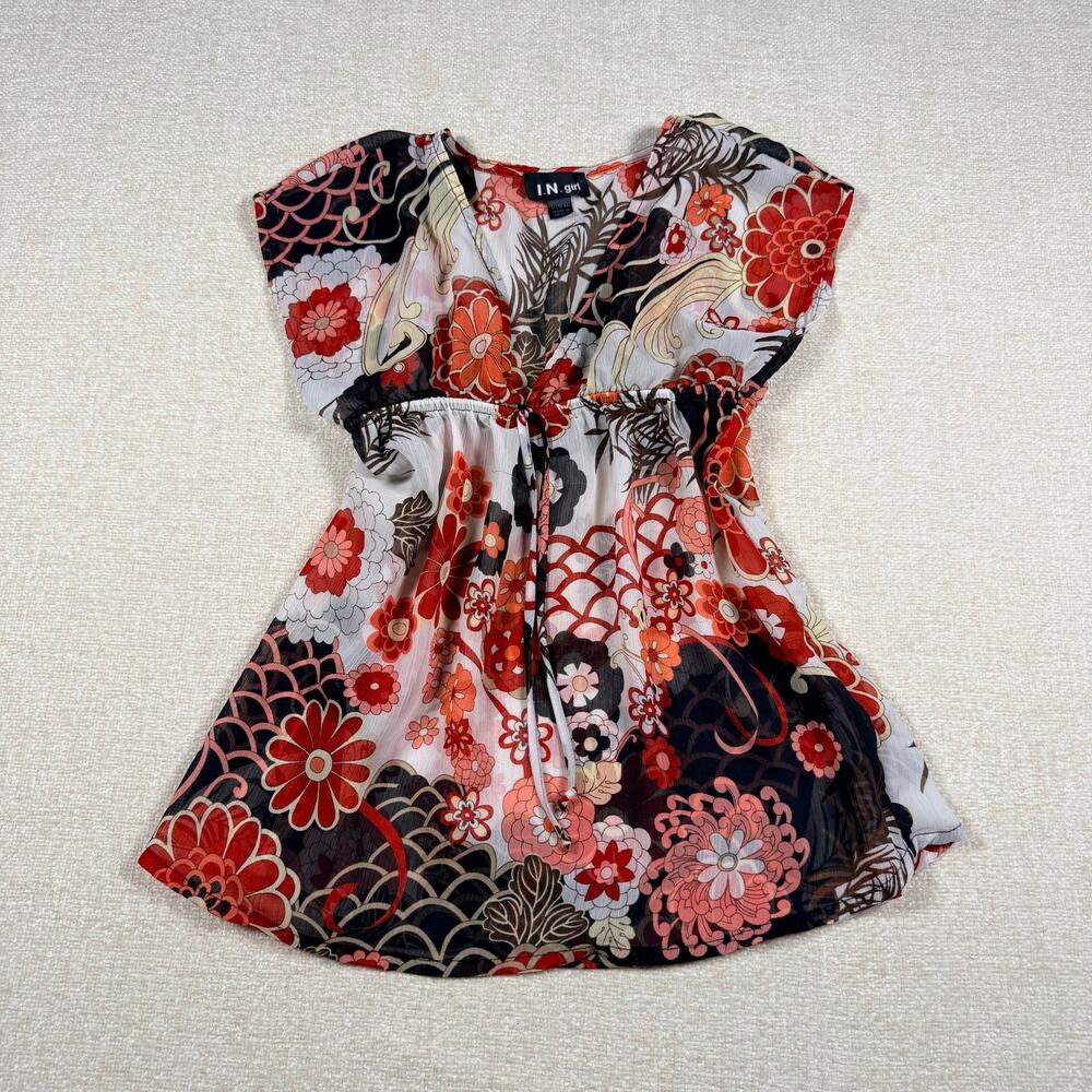Women's Vintage Y2K Babydoll Top Kimono Large Irezumi Sheer Black Red